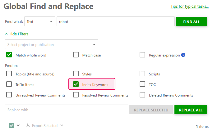 Check the Index Keywords search filter box to find the necessary index keywords