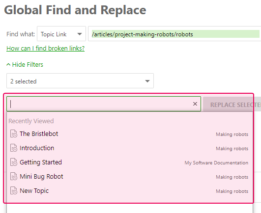 The list of the recently viewed topic in the Global Find and Replace window