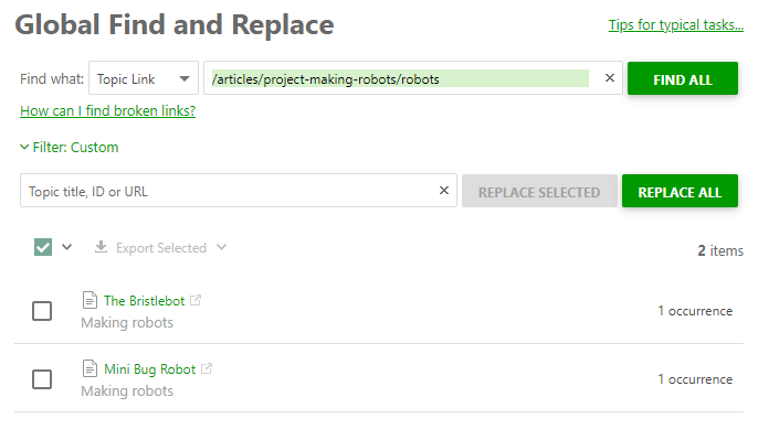 The results of finding a snippet