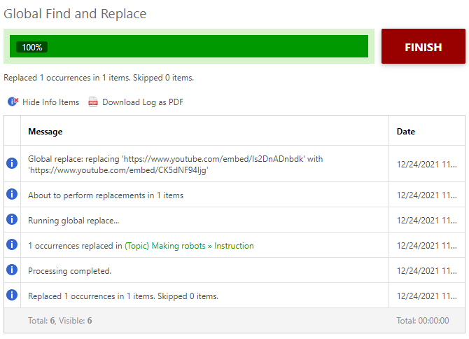 The resulting page in the Global Fins and Replace window