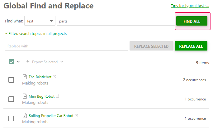 Click the Find all button to see the results