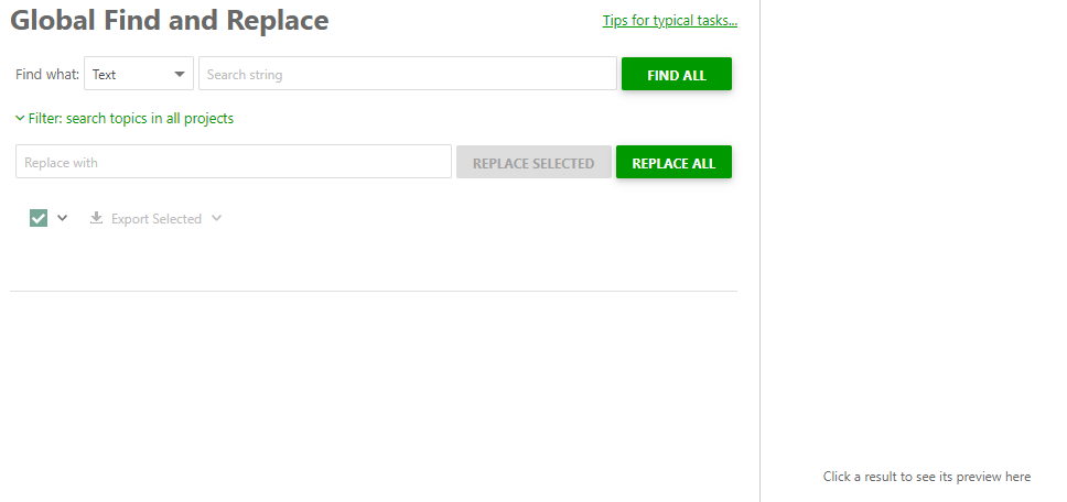The Global Find and Replace page