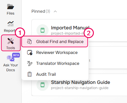 The Global Find and Replace button in ClickHelp main menu