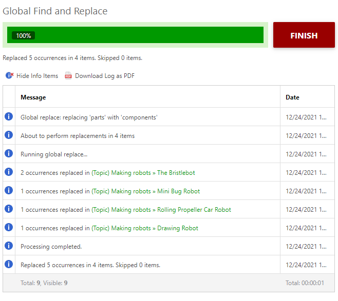 The Resulting page of the Global Find and Replace