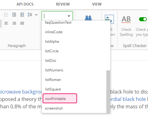 The nonPrintable class in the Apply CSS drop-down box