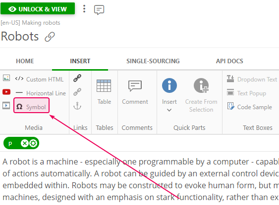The Symbol button on the Insert tab of the Ribbon bar