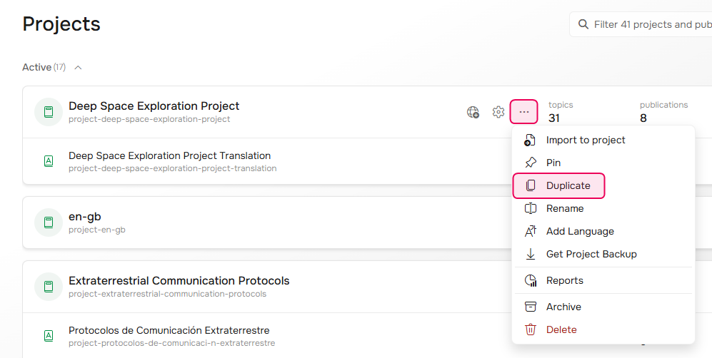 Duplicate project option.