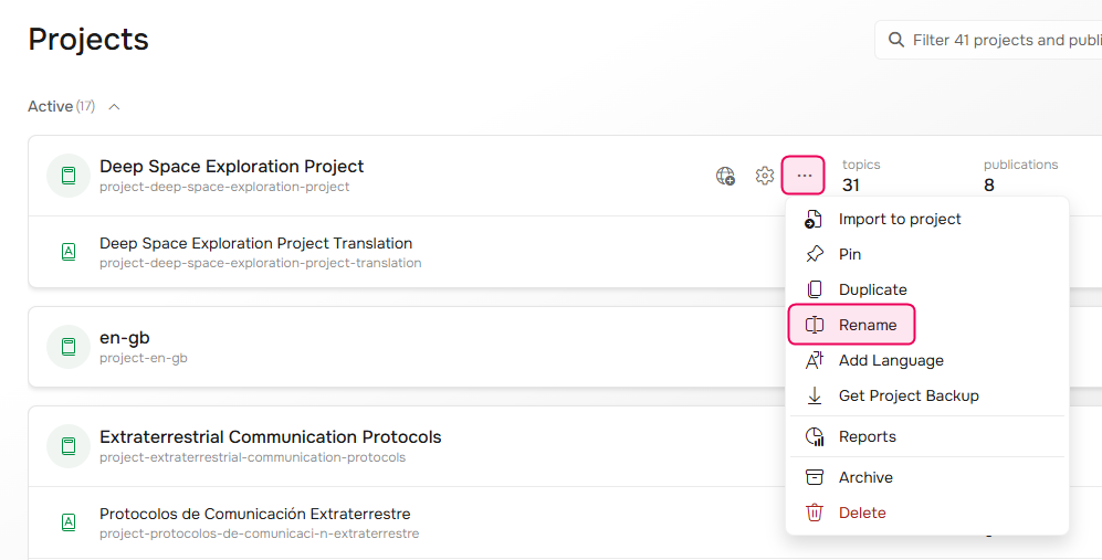 The Rename link on the Projects page