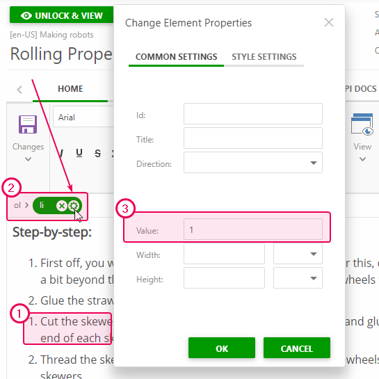 Click the Tag Inspector and change the number for a list item
