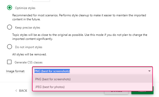 Image Format option in the Import Wizard