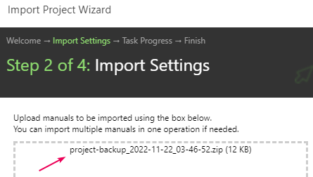 The Uploaded files field in the Import Wizard