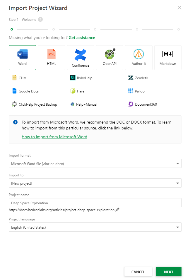 Starting page of the Import Wizard
