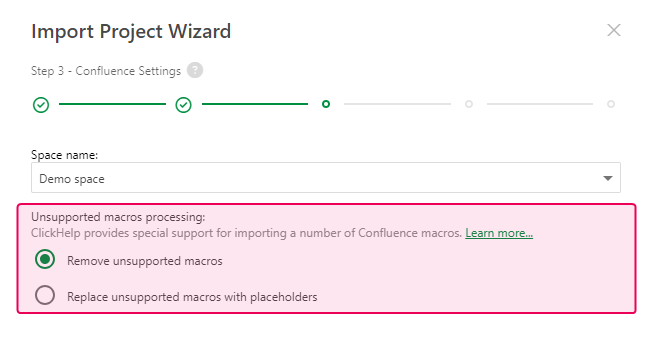 The Unsupported macros processing option in the Import Wizard