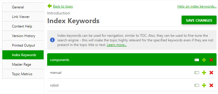 Edit, add, delete keywords buttons