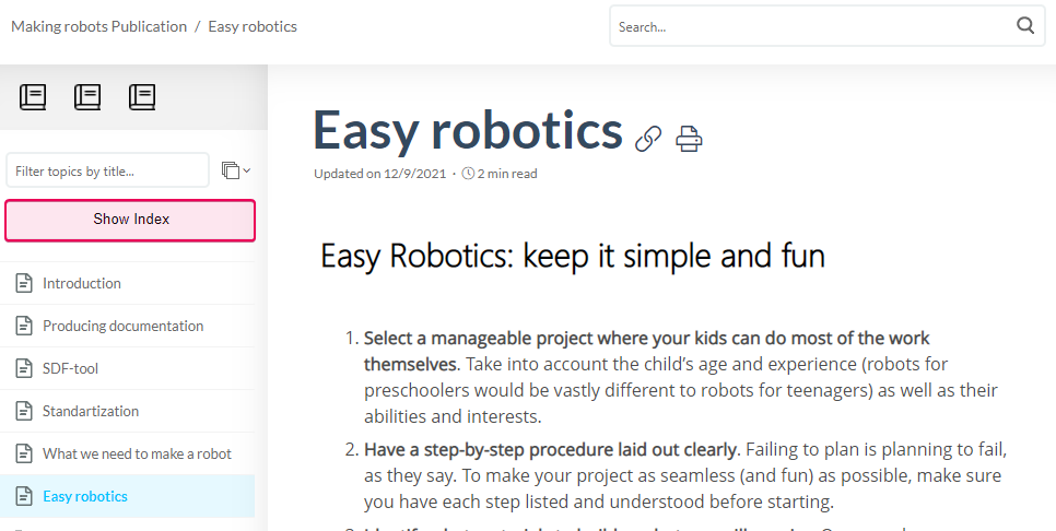 The Show Index button the topic viewer screen in the Reader UI