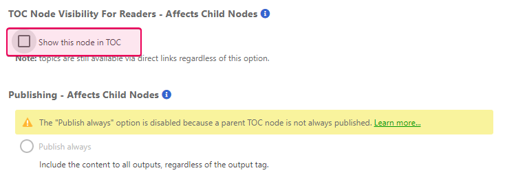 The Show this node in TOC checkbox in the topic properties