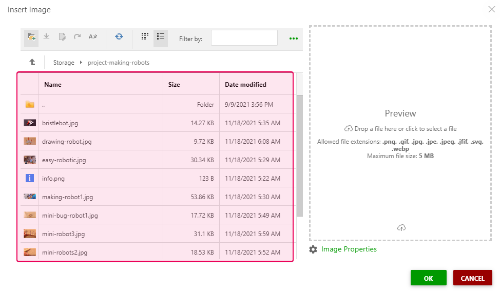 The list of files in the Insert Image dialog