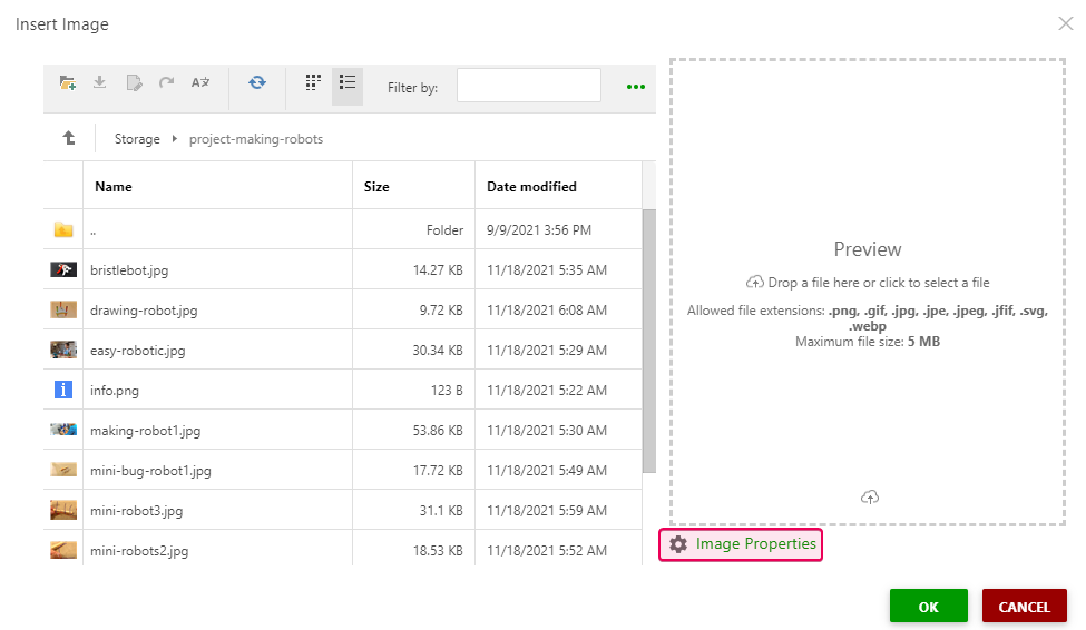 Click the Image Properties link in the Insert Image dialog