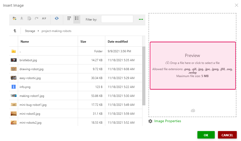 Drag&drop the image to the Preview area of the Insert Image dialog