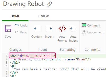The ID of the heading in the Source mode