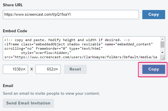 Click the Copy button to copy the embed code of the Screencast video