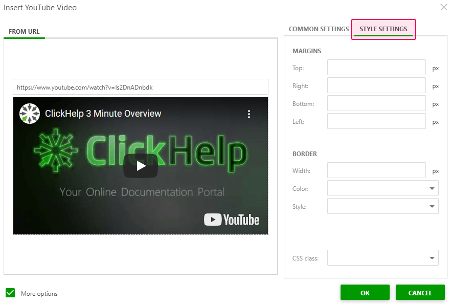 The Style Settings in the Insert Video dialog