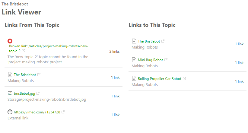 The list of links in the Link Viewer