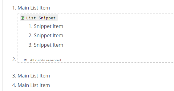 The Snippet list inserted into the list in the editing mode