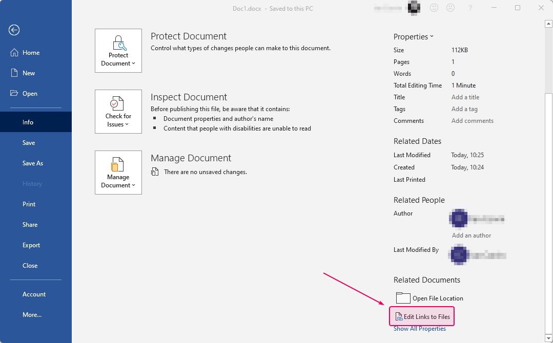 Edit Links to Files button in the MS Word file