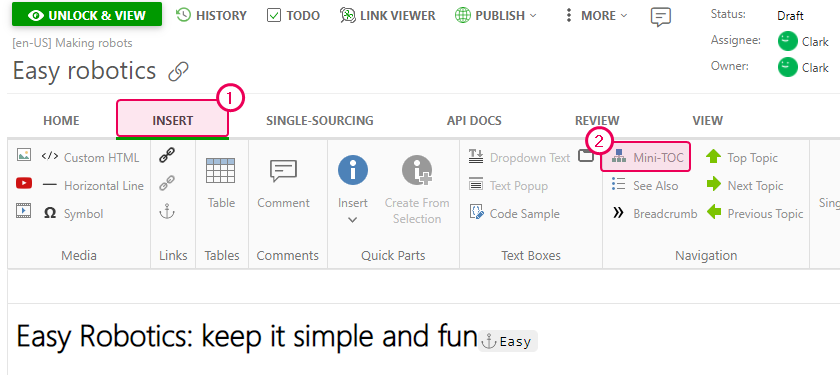 The Mini-TOC button on the Insert tab of the Ribbon bar