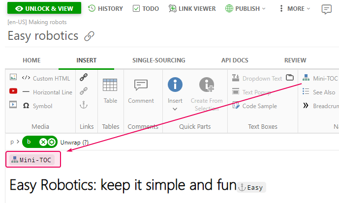 The Mini-TOC element in the editing mode