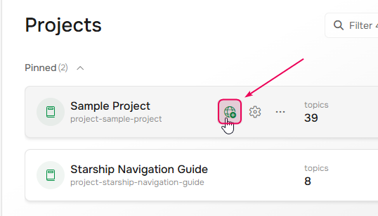 The Publish button on the Projects page