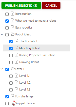 Select topics in the TOC and click the Publish selected button