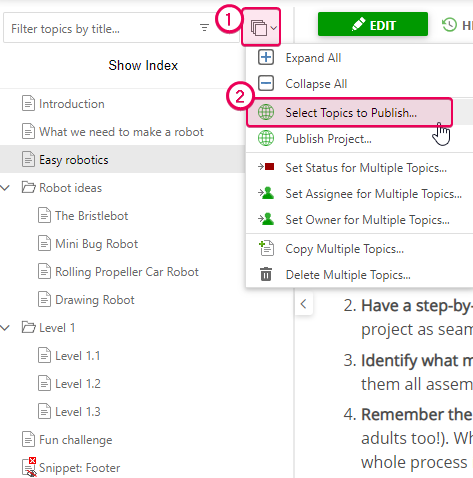 Click the Select topics to publish link in the TOC