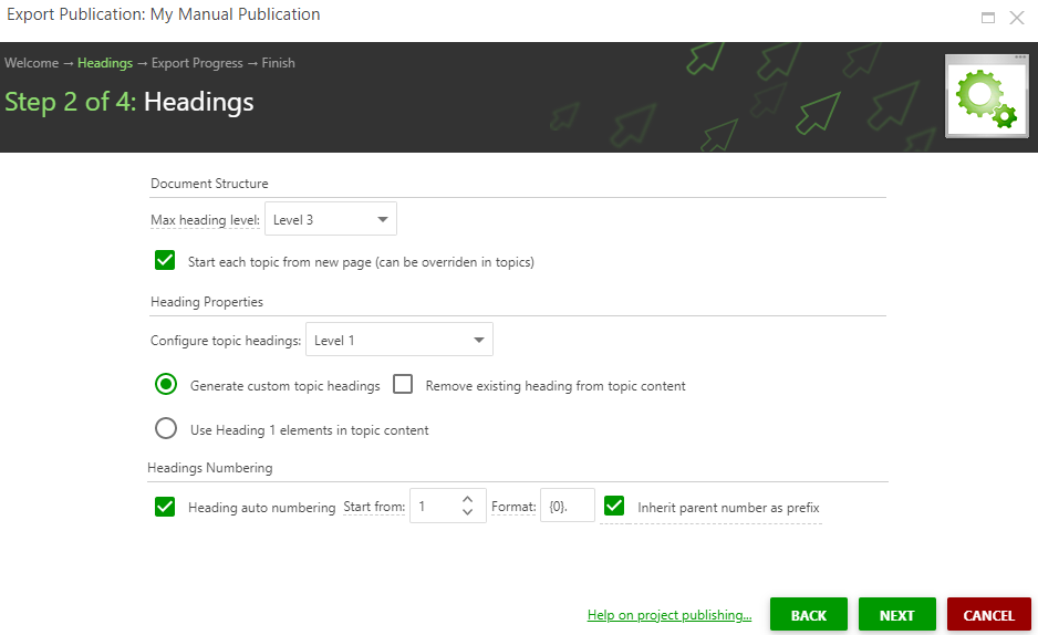 The Headings page of the Export wizard