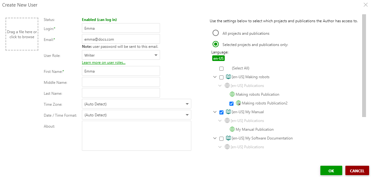 The Create new user dialog