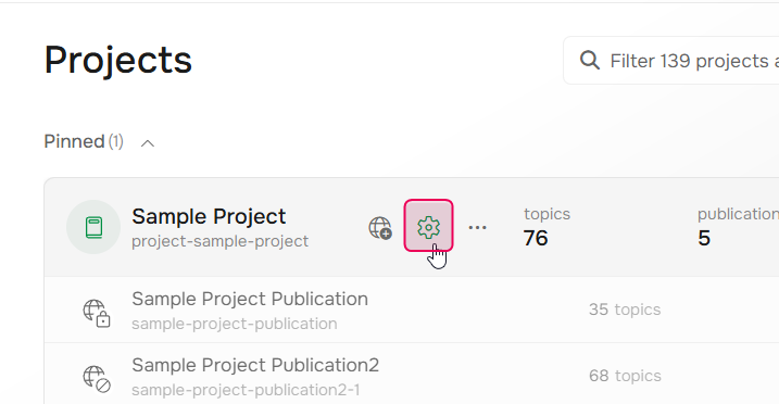 Project settings button on the Projects page