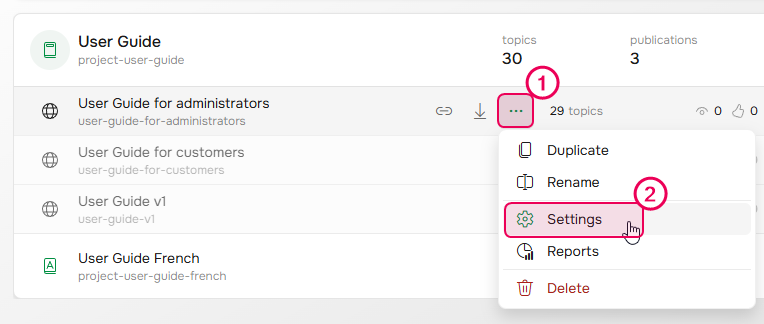 Click the publication Settings button on the Projects page