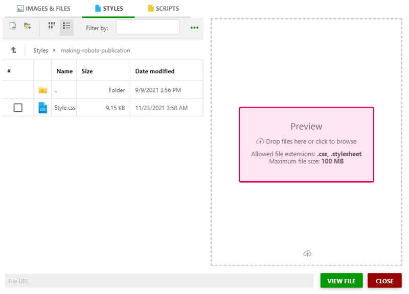 Preview area in the File Manager