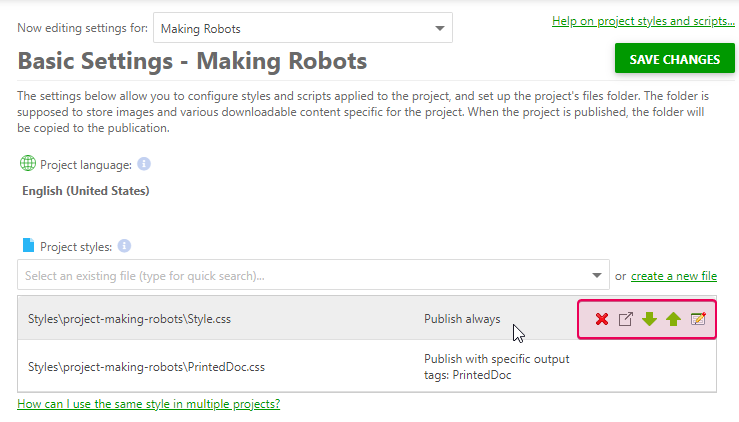 The editing elements of the styles files on the basic settings page