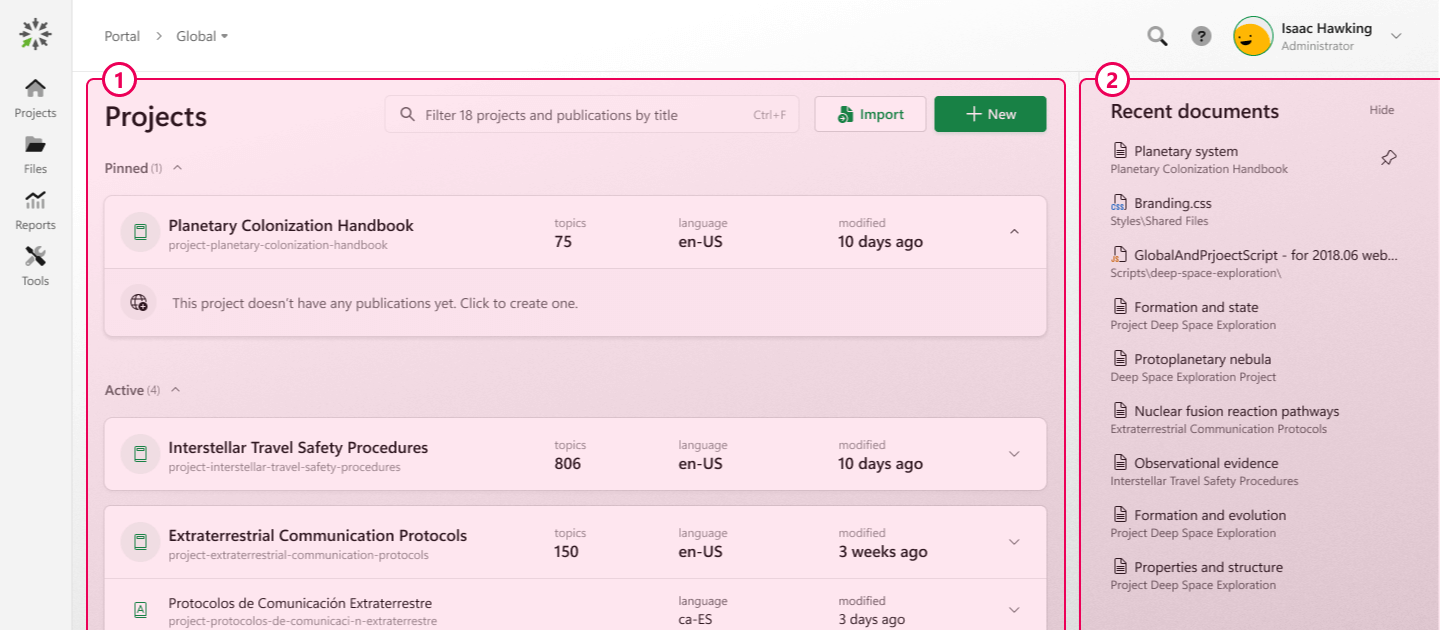 The two section of the Projects page.