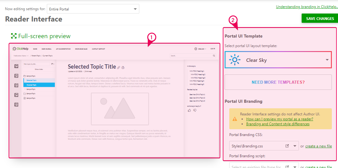 The preview area and customization option in the Reader Interface settings