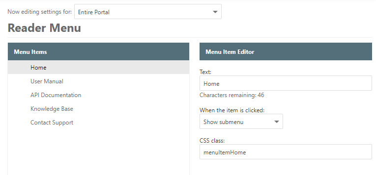Items created in the Reader Menu Editor
