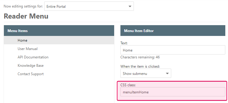 Specify the CSS class in the Reader Menu Editor
