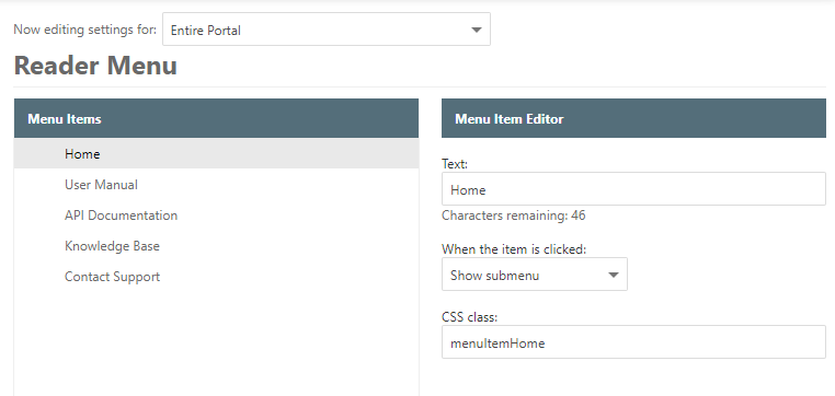 The Reader Menu settings screen