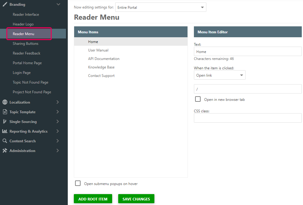 The Reader Menu section of the Portal settings