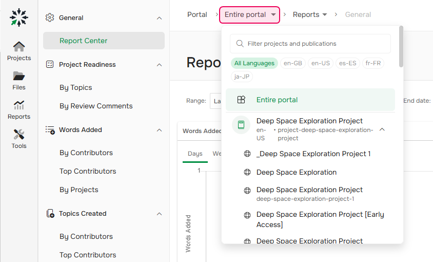 Choose a project from the Report for combobox.