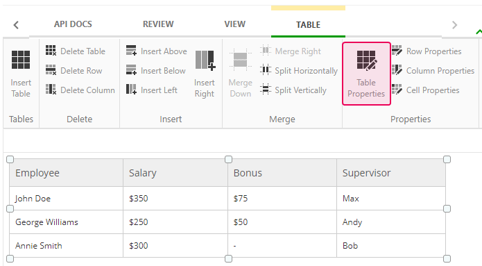 The Table properties button on the Table tab of the Ribbon bar