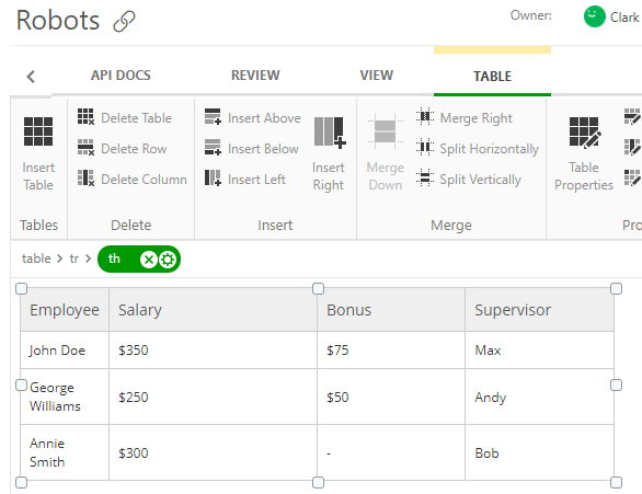 The table with custom column width in the editing mode