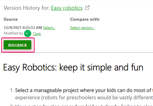 The Rollback button in the Versions Viewer